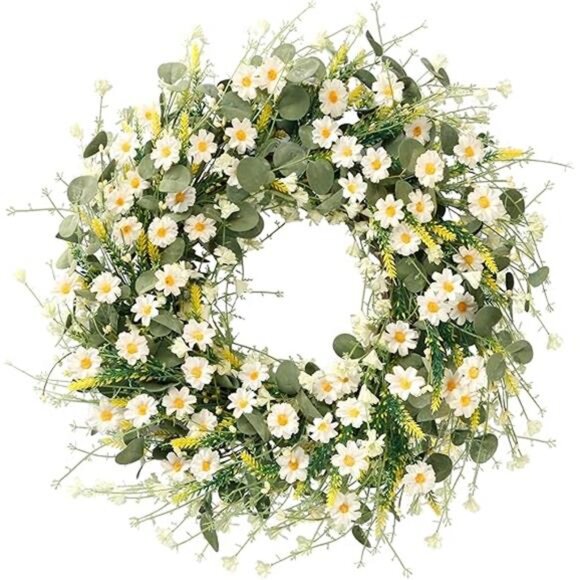 White Daisy Wreath 24 Inch Spring Summer Wreath Fake Silk Floral Wreath - Picture 8 of 8